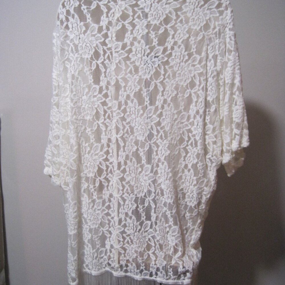Mauve Women's Large Kimono Cover Up Lace Crochet Fringe Top Short Sleeve White - Picture 5 of 8
